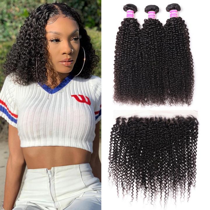 Parksonhair Kinky Curly Human Hair 3 Bundles With 13*4 Lace Frontal