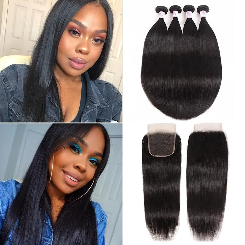 Parksonhair Straight Human Hair 4 Bundles With 4*4 Lace Closure