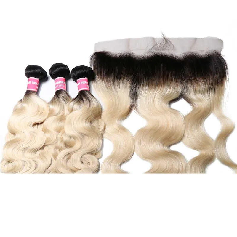 Parksonhair 1B/613 Body Wave Human Hair 3 Bundles With 13*4 Lace Frontal