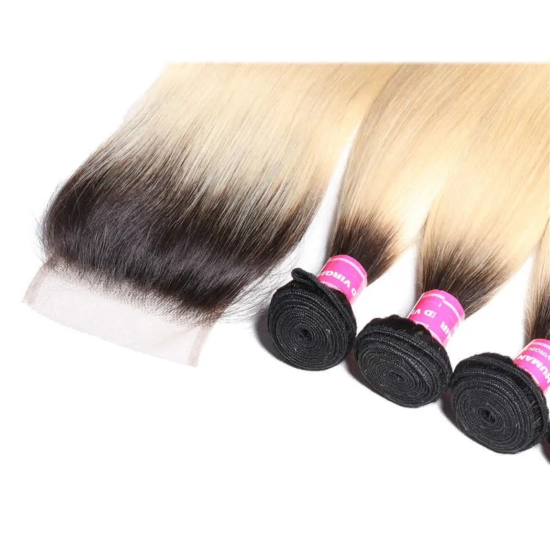 Parksonhair 1B/613 Straight Human Hair 4 Bundles With 4*4 Lace Closure