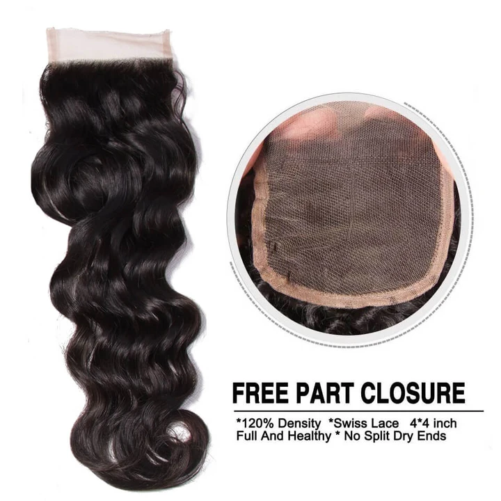 Parksonhair Natural Wave Human Hair 3 Bundles With 4*4 Lace Closure