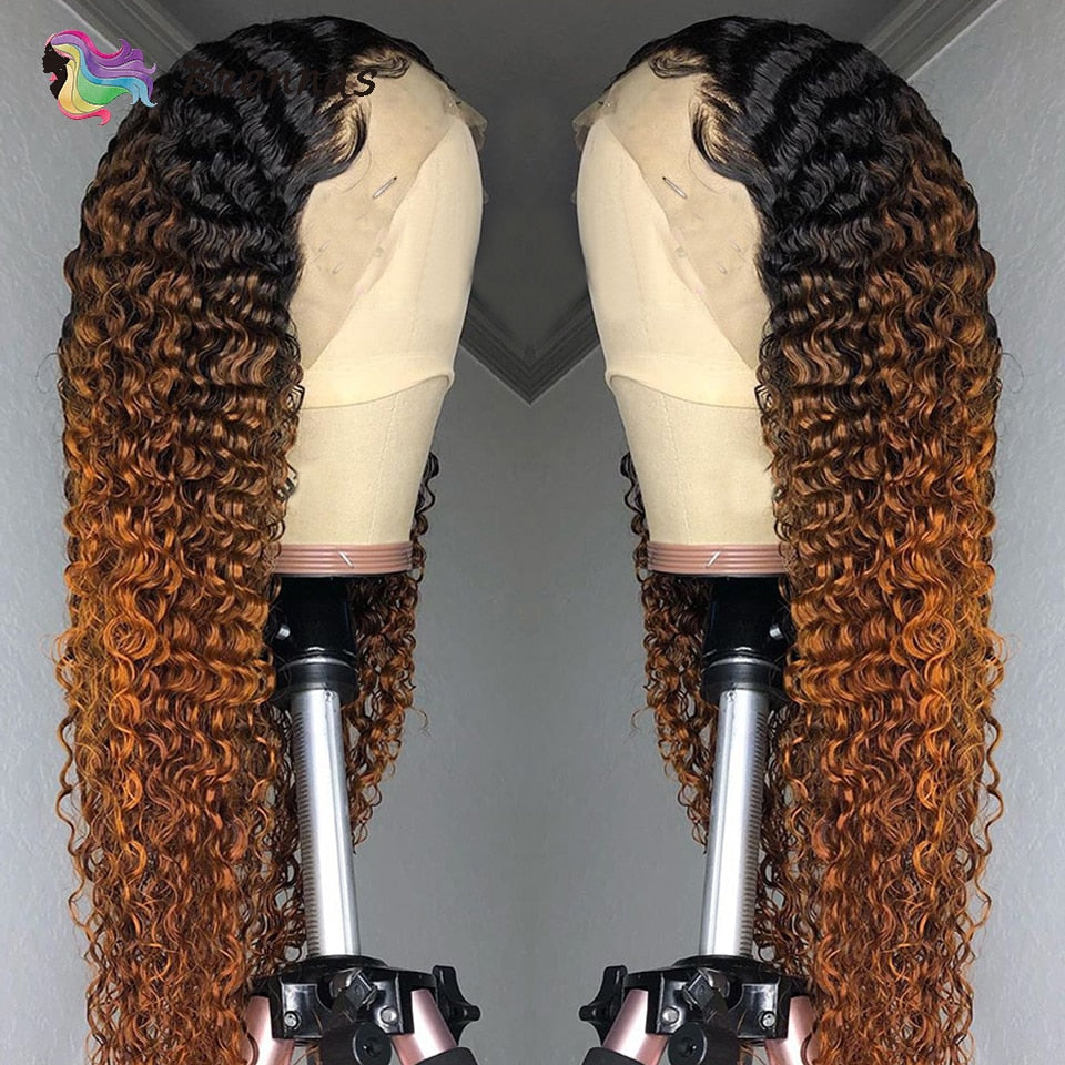 Ombre Curly Lace Part Human Hair Wigs for Women T Part Lace wig 1B30 brown color 13x1 lace wig Brazilian Remy hair Pre Plucked