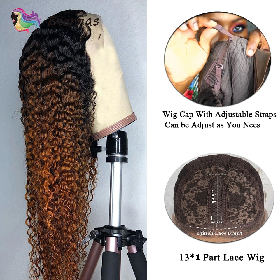 Ombre Curly Lace Part Human Hair Wigs for Women T Part Lace wig 1B30 brown color 13x1 lace wig Brazilian Remy hair Pre Plucked