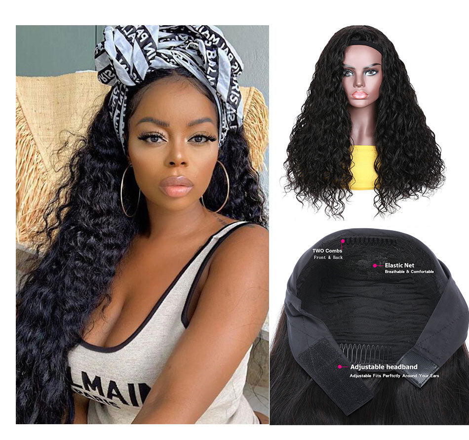 Headband Wig Long Water Wave Human Hair Wig 150% density Hair No Glueless No Sew IN Remy Headband Scarf Wig Peruvian Wigs