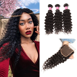 Parksonhair Deep Wave Human Hair 3 Bundles With 4*4 Lace Closure