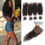 Parksonhair Deep Wave Human Hair 4 Bundles With 4*4 Lace Closure