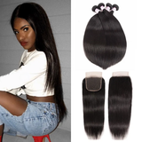 Parksonhair Straight Human Hair 4 Bundles With 4*4 Lace Closure