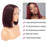 Burgundy Straight Bob Lace Front Wigs Human Hair 150% Density 13x4 Lace Frontal Wig 99J Free Part Pre Plucked with Baby Hair for Black Women Red Glueless Brazilian Virgin