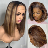 Highlight Honey Blonde 13X4 HD Transparent Colored Ombre Lace Front Human Hair Wigs Straight Short Bob Frontal Wig Black