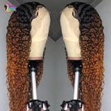 Ombre Curly Lace Part Human Hair Wigs for Women T Part Lace wig 1B30 brown color 13x1 lace wig Brazilian Remy hair Pre Plucked