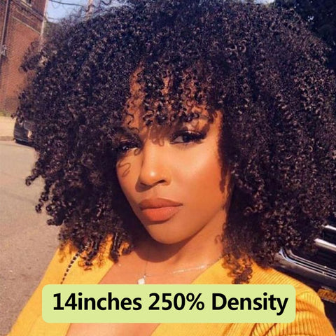 250 Density Afro Kinky Curly Lace Front Human Hair Wigs With Bangs Short Bob Lace Frontal Wig For Women Full 4B 4C Black