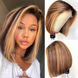 Highlight Honey Blonde 13X4 HD Transparent Colored Ombre Lace Front Human Hair Wigs Straight Short Bob Frontal Wig Black