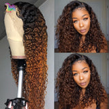 Ombre Curly Lace Part Human Hair Wigs for Women T Part Lace wig 1B30 brown color 13x1 lace wig Brazilian Remy hair Pre Plucked