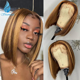 Highlight Color Lace Front Wig 150% Density Brazilian Remy Human Hair Wigs 6inch Deep Part Lace Wigs Blonde Short Bob Wigs