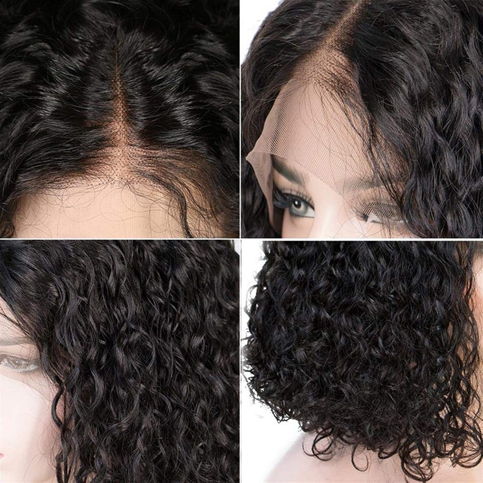 Short Bob Lace Front Human Hair Wigs Natural Black Curly Water Wave Pre  Plucked